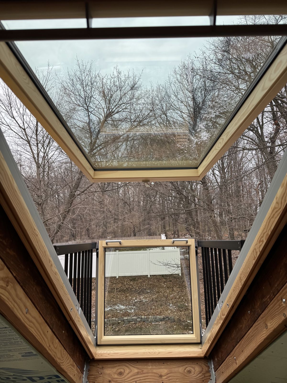 Wood-lined skylight well opening to trees and sky